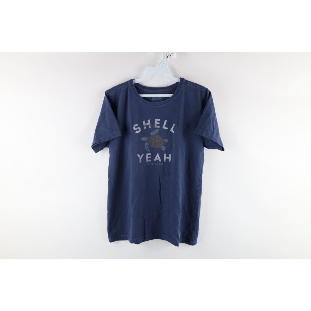 Life Is Good Womens Small Crusher Tee Shell Yeah Turtle Spell Out T-Shirt Blue
